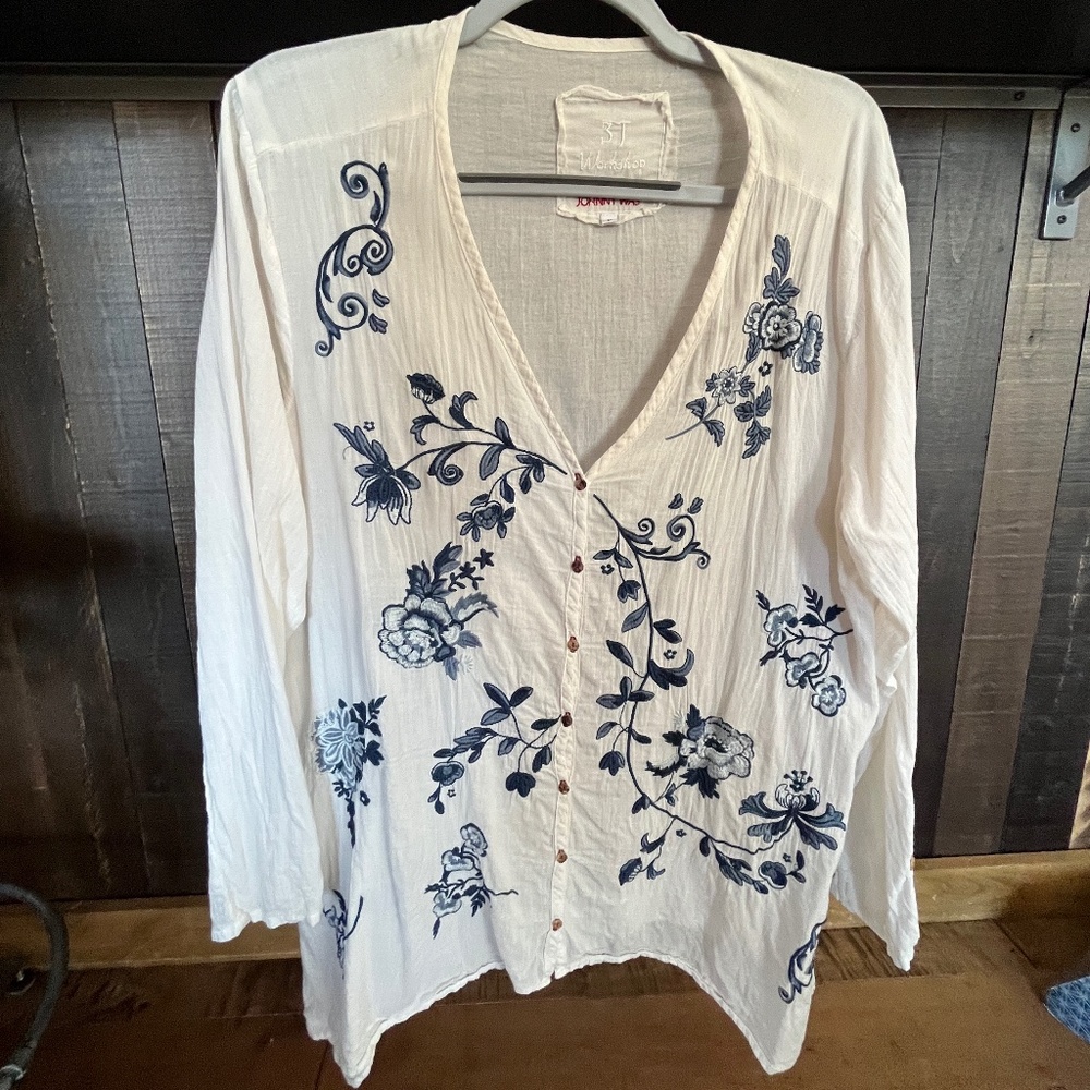 Embroidered White and Blue Women's Blouse